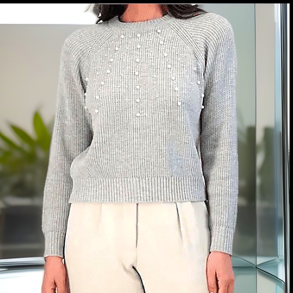 French Connection Jolee Pearl Crew Neck Jumper Gray Rib knit Trim Sweater Sz XL